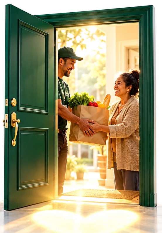 A volunteer delivering a bag of fresh groceries to a smiling woman through an open green front door