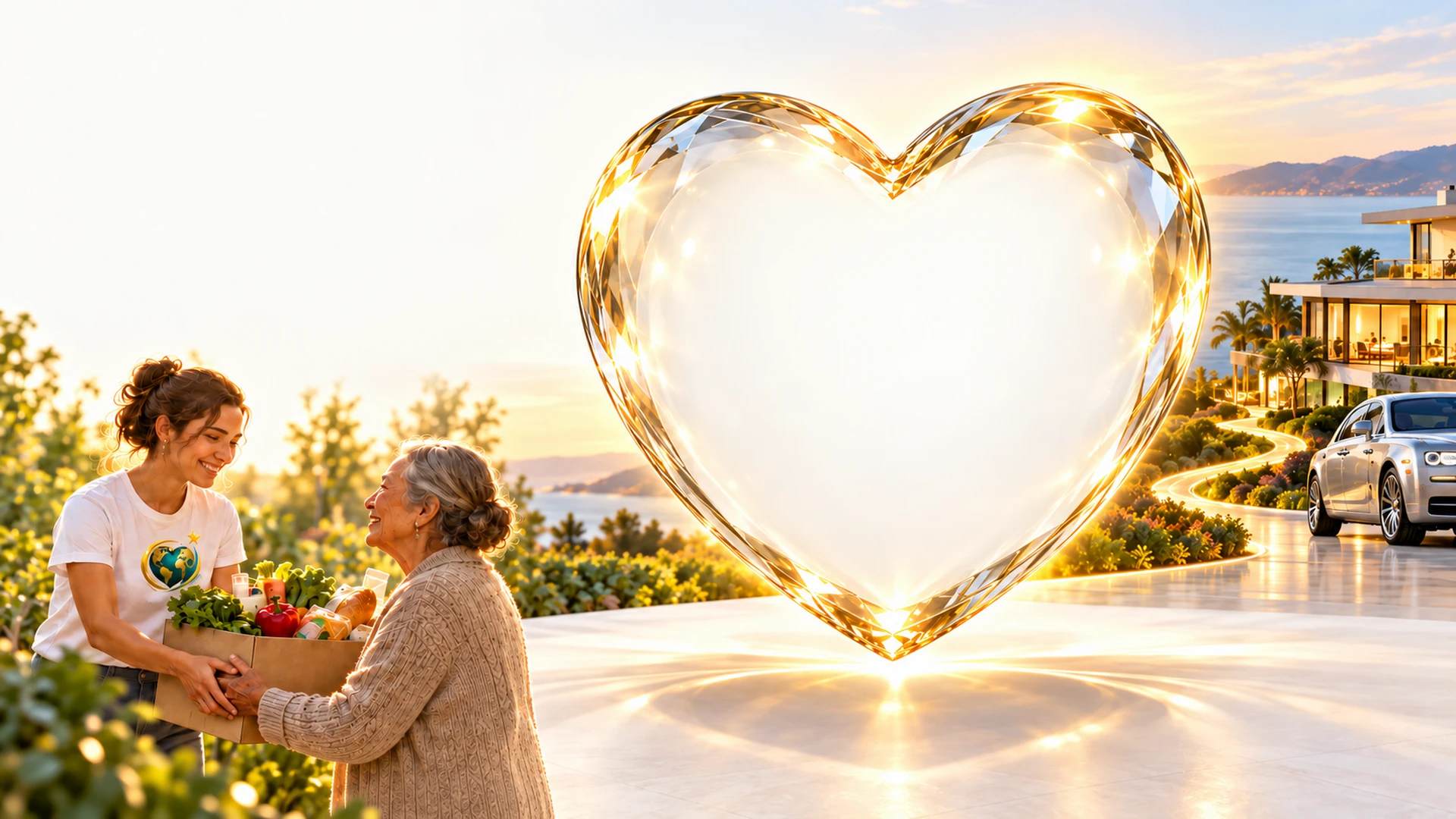 A young volunteer handing a box of fresh groceries to a smiling older woman beside a glowing crystal heart, with a seaside home at sunset