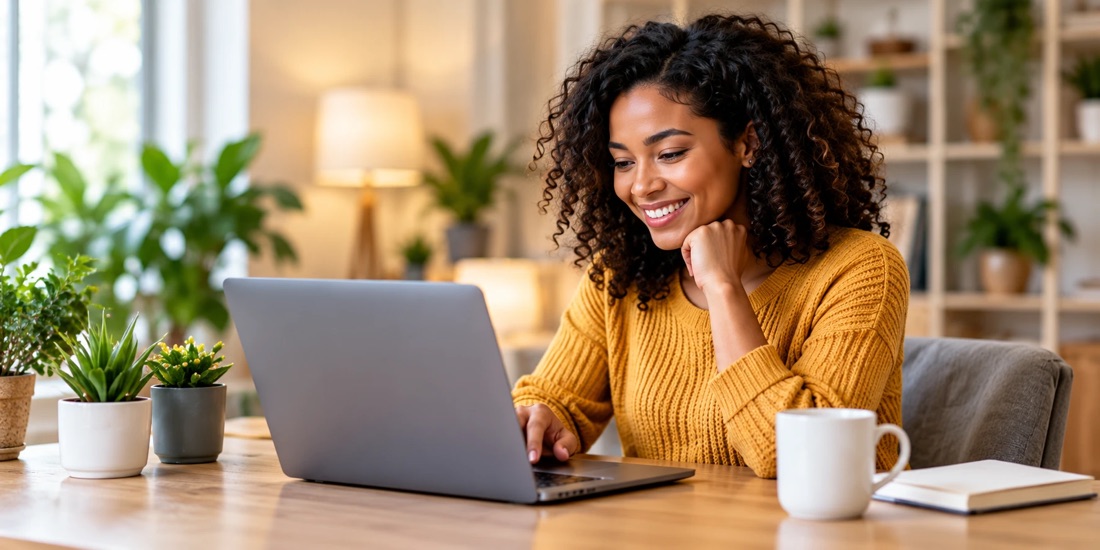 A smiling woman working on a laptop from home