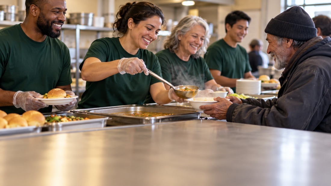 Volunteers in green shirts serving a hot meal to a grateful older man