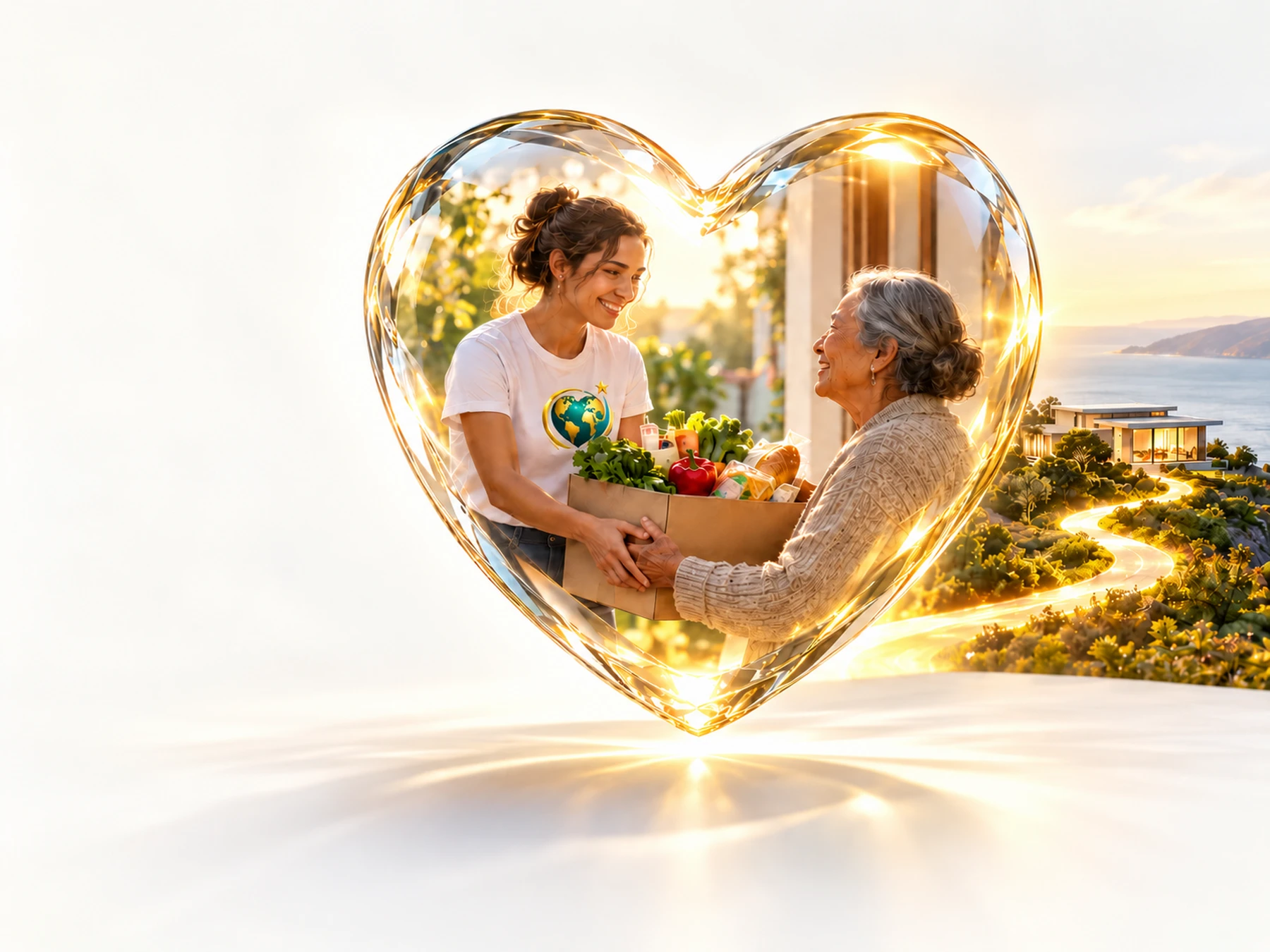 A young volunteer handing a box of fresh groceries to a smiling older woman, framed by a glowing crystal heart