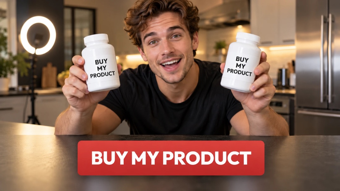 A man in a kitchen holding up two bottles labeled Buy My Product under a red Buy My Product banner