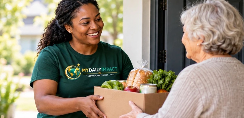 A MyDailyImpact volunteer delivering a box of groceries