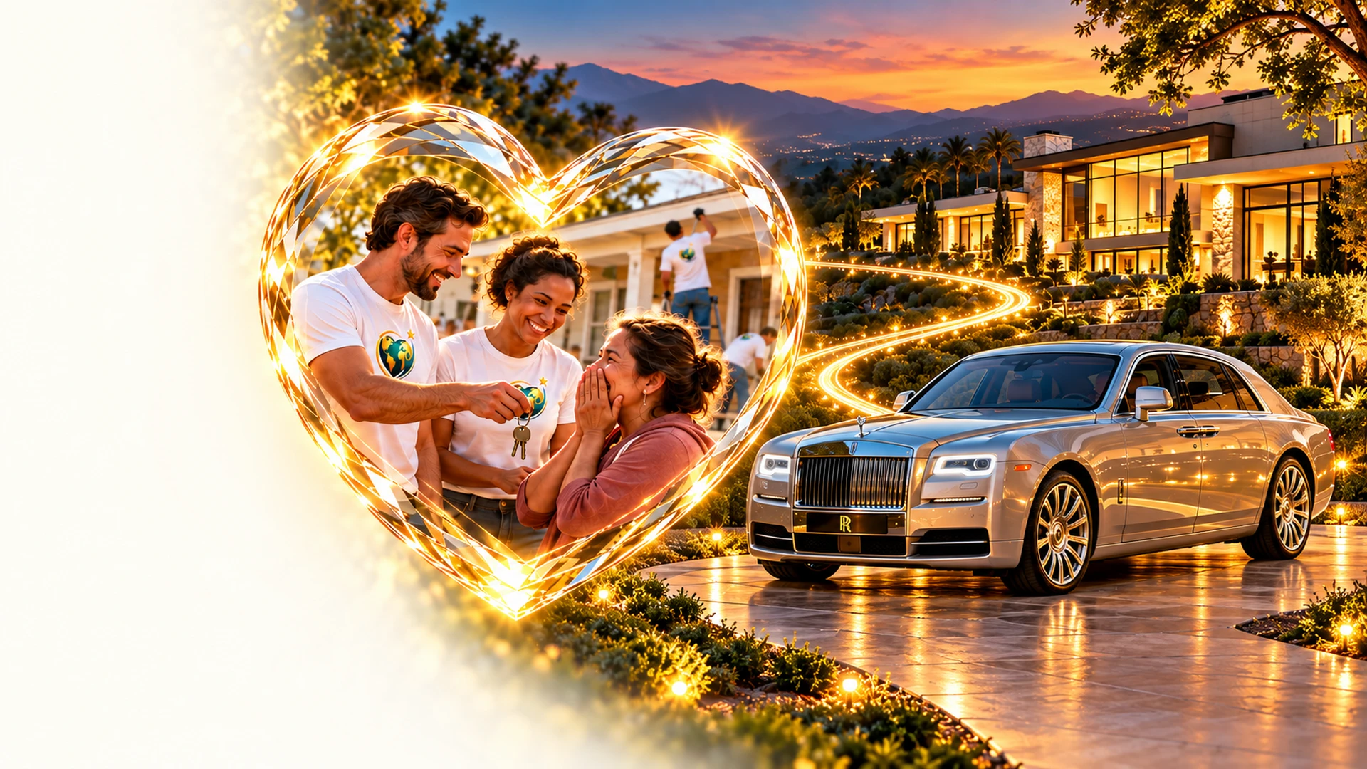 Volunteers handing house keys to a joyful woman, framed by a glowing crystal heart, with a hillside home and a luxury car at sunset