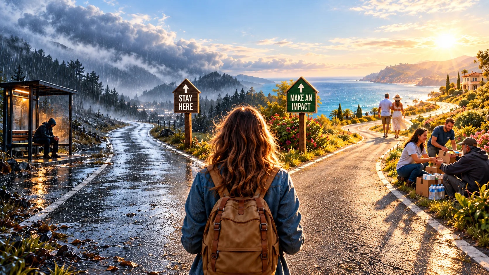 A woman with a backpack at a crossroads: a rainy road marked Stay Here on the left, and a sunny coastal road marked Make an Impact where volunteers hand out supplies on the right