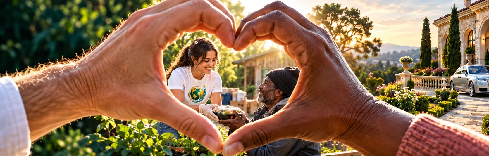 Two hands forming a heart around a volunteer handing a warm meal to a smiling man, with a villa and garden at sunset