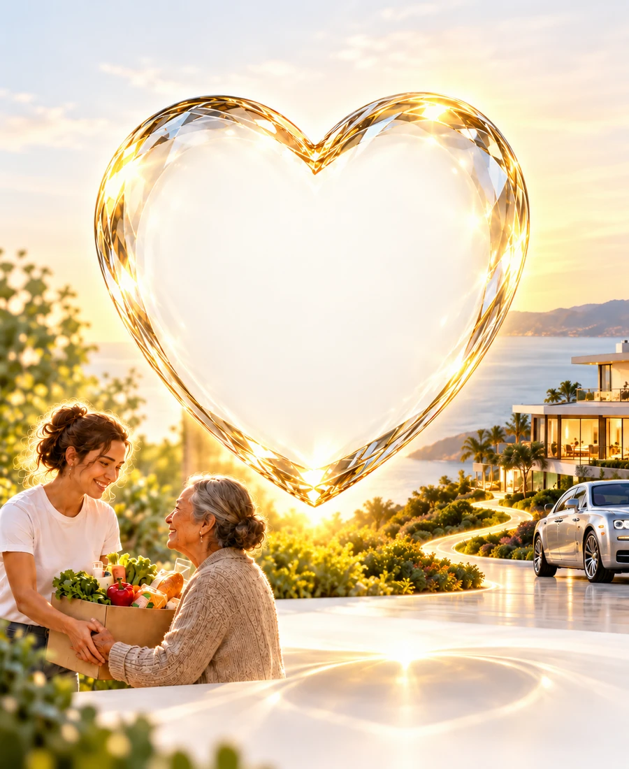 A young volunteer handing a box of fresh groceries to a smiling older woman beside a glowing crystal heart, with a seaside home at sunset