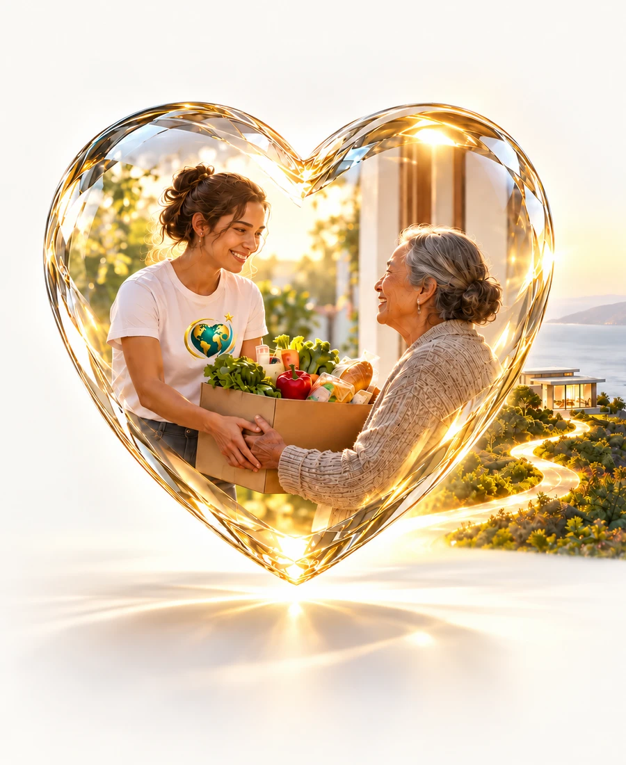 A young volunteer handing a box of fresh groceries to a smiling older woman, framed by a glowing crystal heart