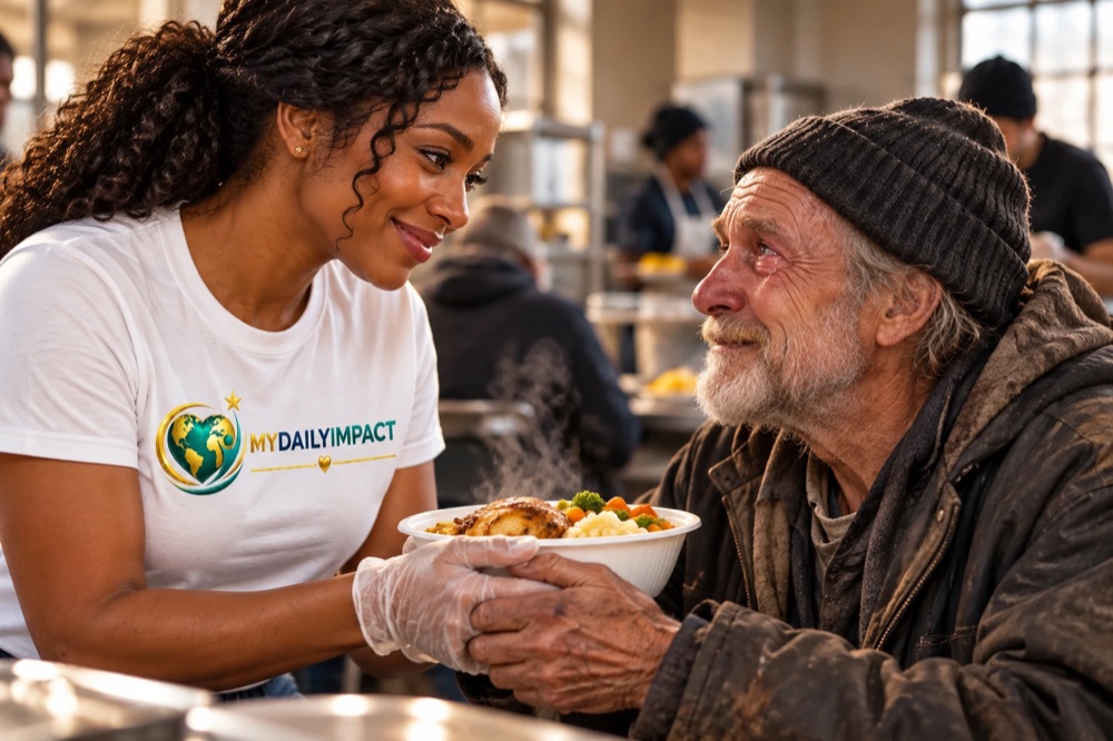 A MyDailyImpact volunteer handing a hot meal to a grateful older man