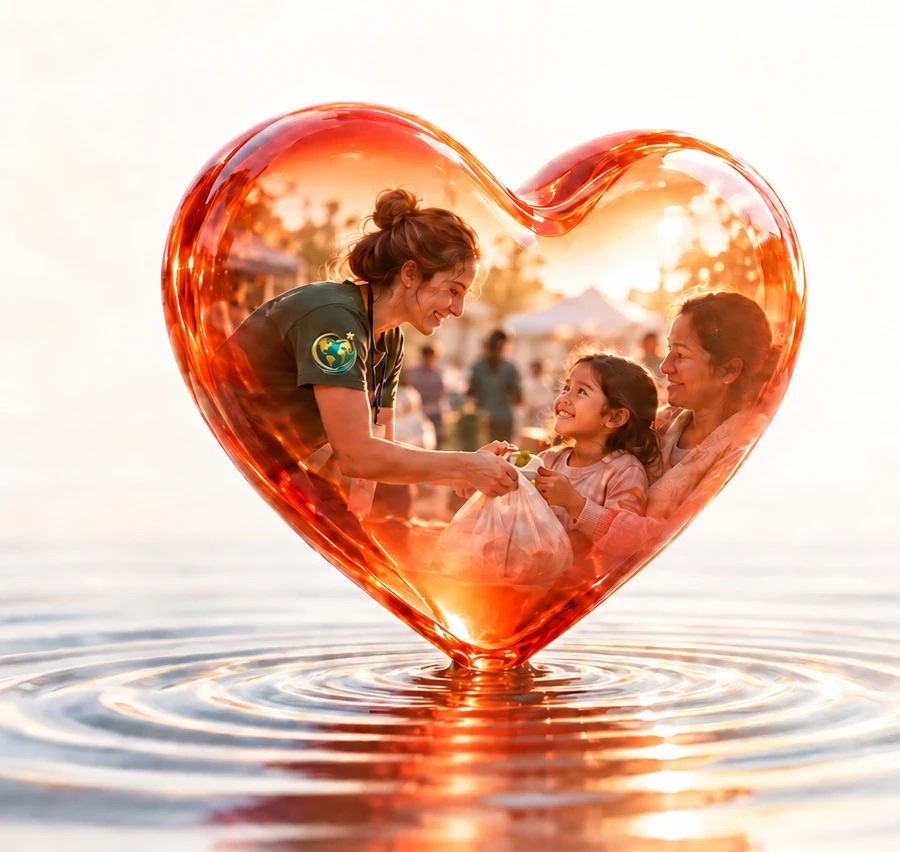 A MyDailyImpact volunteer handing a bag of food to a smiling girl and her mother, seen through a glowing glass heart standing in rippling water at sunset