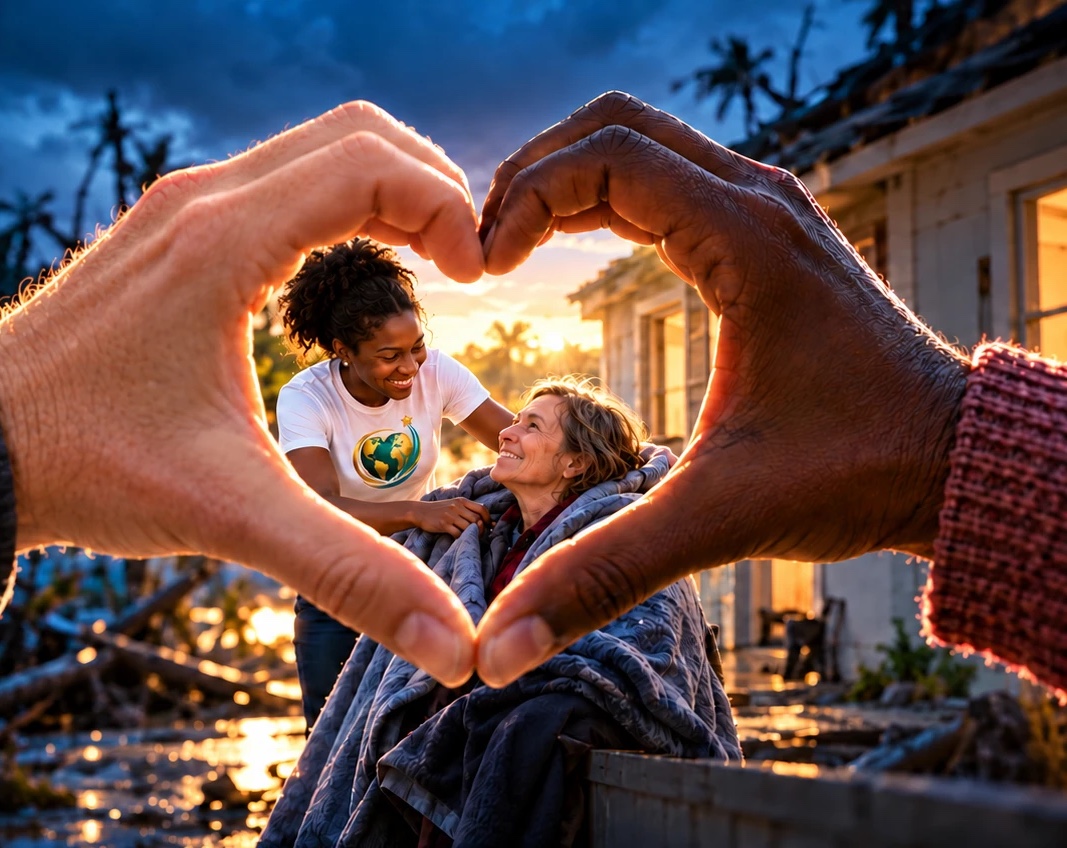 Two hands forming a heart around a MyDailyImpact volunteer wrapping a blanket around a smiling woman outside a storm-damaged home at sunset