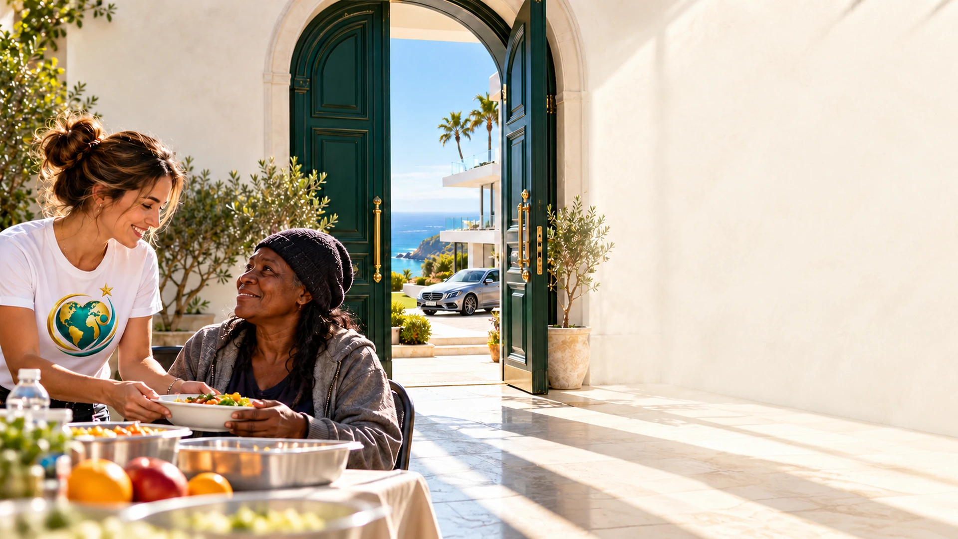 A volunteer serving a warm meal to a smiling woman at an outdoor table, beside open green doors that look out to a seaside villa