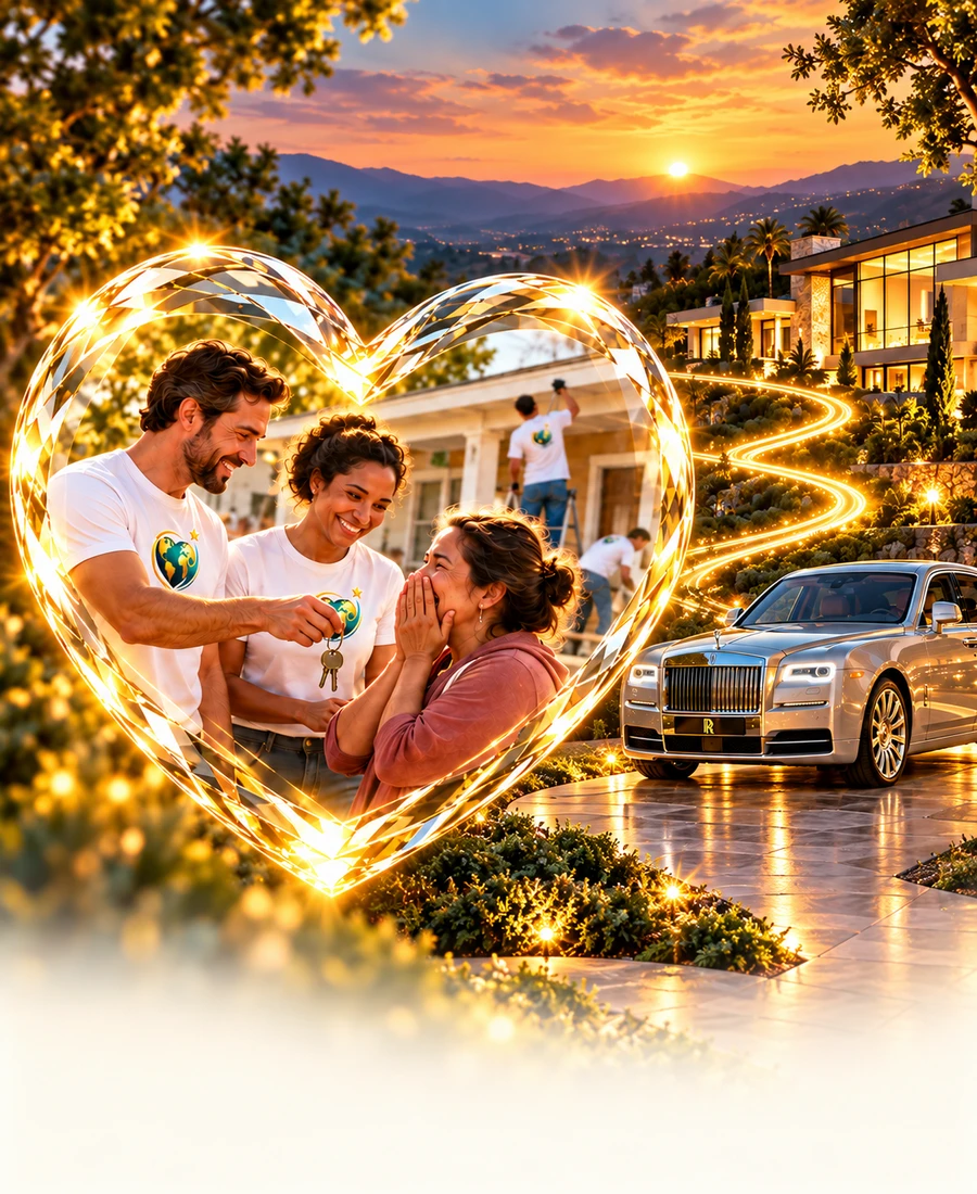 Volunteers handing house keys to a joyful woman, framed by a glowing crystal heart, with a hillside home and a luxury car at sunset
