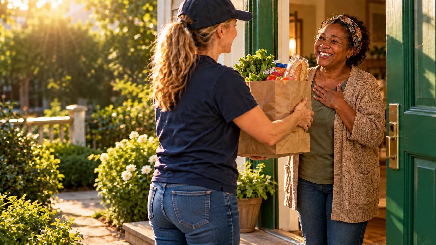A volunteer in a navy cap handing a bag of fresh groceries to a smiling woman at her green front door