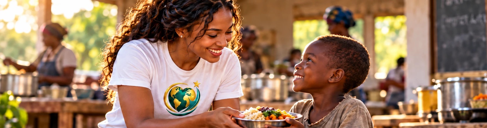 A smiling woman in a MyDailyImpact t-shirt handing a bowl of food to a happy young boy at a community kitchen
